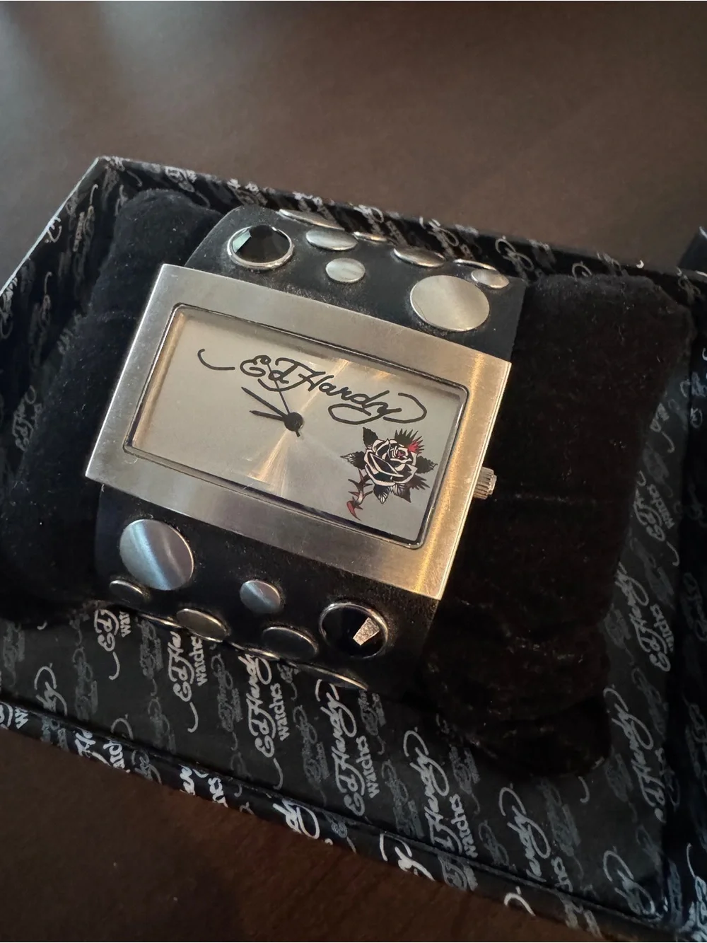 Women’s Ed Hardy Silver and Black Wide Leather Cuff Watch